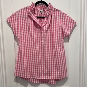 Pink Gingham Ruffled Neck Short-Sleeve Blouse  Caryn Lawn